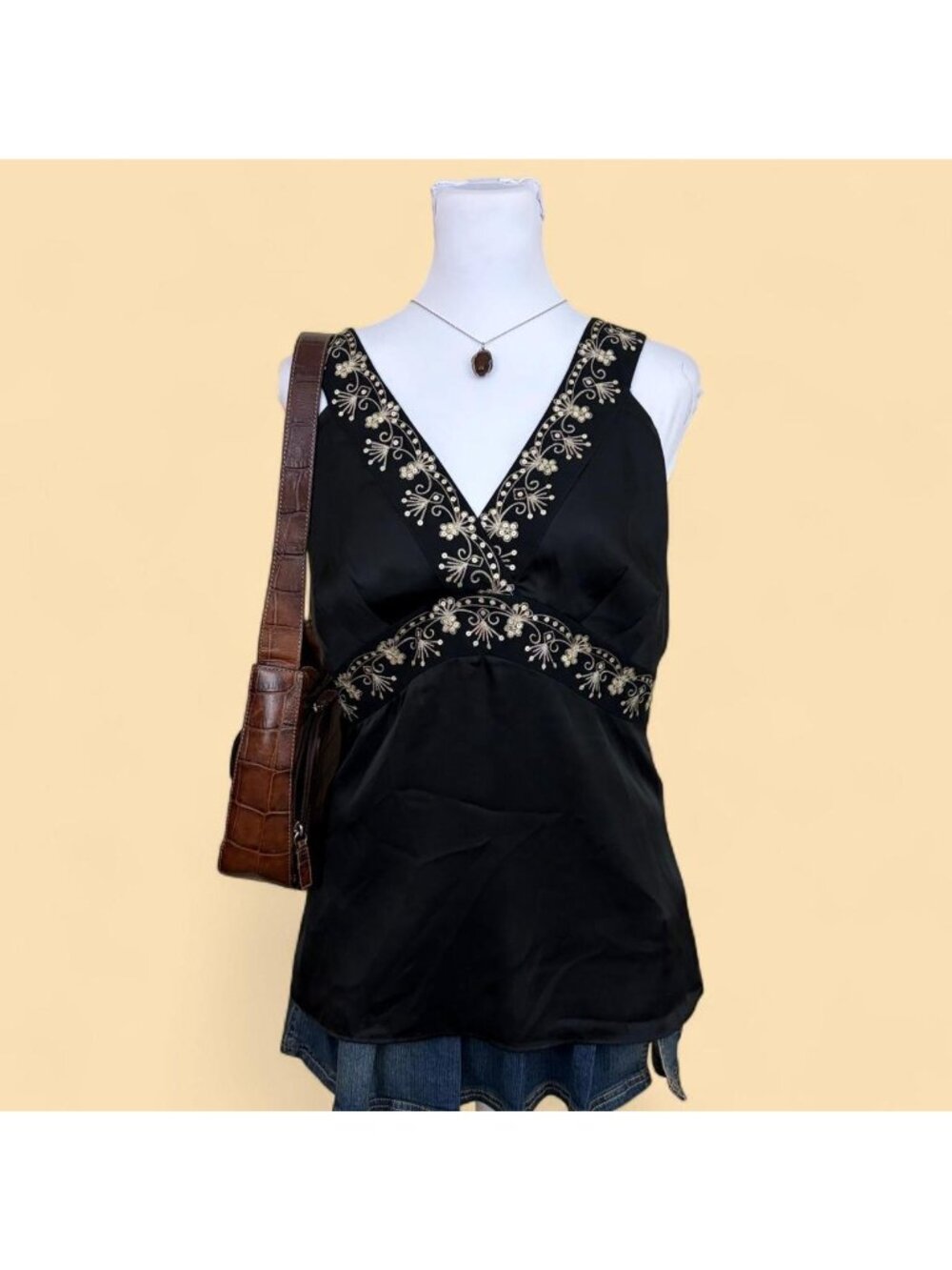 floral embroidered boho satin top